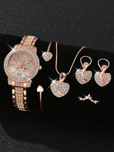 Orologio da Donna di Alta Qualità con Diamanti, Numeri Romani, Set di Gioielli con Cuore Dorato: Collana, Orecchini, Bracciale e Anello - Product Image 5