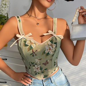 Canotta Modellante Donna Hot Sale con Stampa Floreale e Fiocco Francese, Sexy, Senza Cuciture, Traspirante, Vestibilità Slim, con Reggiseno Integrato - Product Image 1