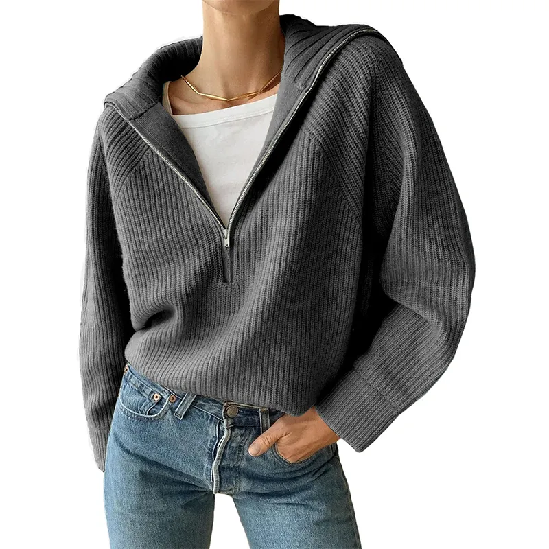 Womens Casual Long Sleeve Half Zip Pullover Sweaters Solid V Neck Collar Ribbed Knitted Loose Slouchy Jumper Tops