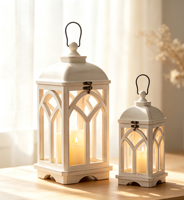 Ensemble de lanternes décoratives en métal blanc rustique et en verre pour la décoration de table de mariage ou de maison de style farmhouse