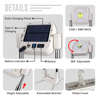 Projecteur LED solaire rechargeable portable, intensité réglable, orientable à 360°, modes d'éclairage multiples, COB 1000 LM, atelier, DC, IP33