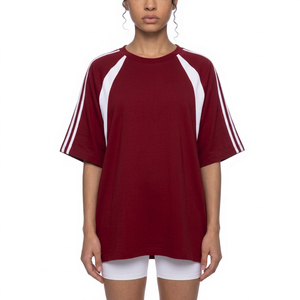 T-shirt à manches courtes col rond pour homme, coupe ample, décontracté, tricoté, 100% coton respirant, bordure contrastée rouge et blanc - Product Image 1