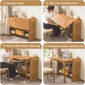 Escritorio Plegable de Bambú y Estantería <span class=keywords><strong>con</strong></span> Cajón, Mesa de Computadora Portátil Plegable, Ahorra Espacio, de Madera, para el Hogar, Dormitorio, Estudio u Oficina - Product Image 4