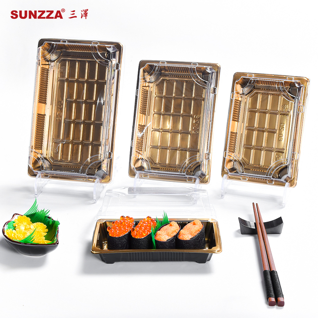 Sunzza Package Shinny Gold Disposable Plastic Sushi Box Environmental protection Material Sushi Packaging