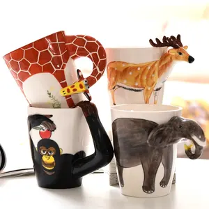 搞笑儿童礼品手绘陶瓷杯动物造型狗猴子麋鹿斑马3D简约派对定制咖啡杯圆形400毫升