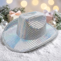 Chapeau de cowboy miroir disco 2026 en gros, à paillettes argentées, en polyester, protection solaire, avec protège-nuque, pour l'extérieur et les fêtes