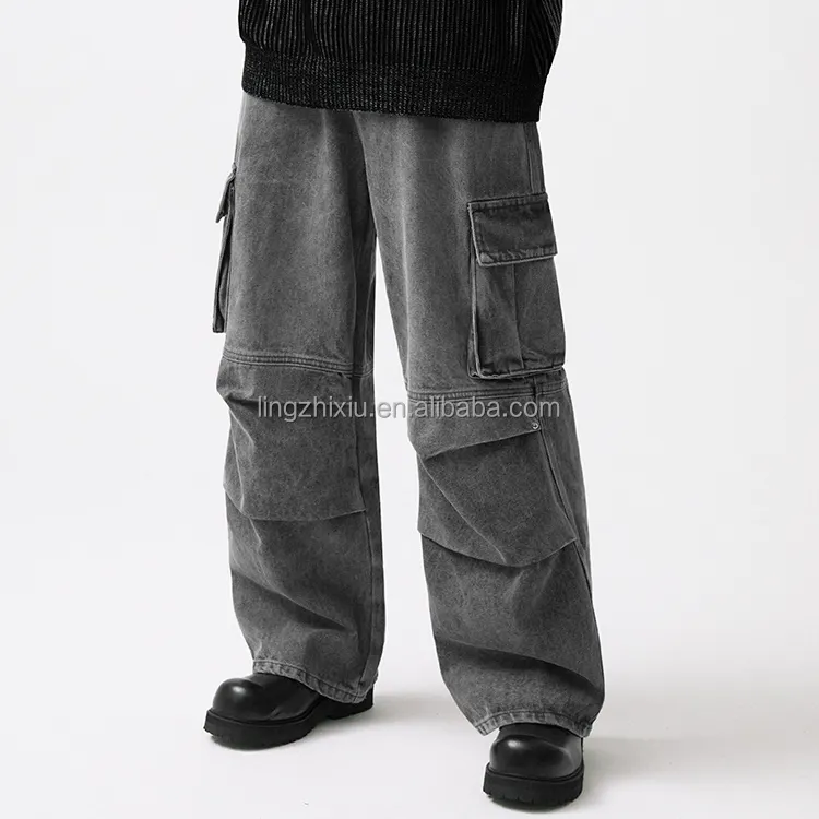 بنطلون جينز رجالي 100% قطن من قماش الدنيم الكاجو عصري ومخصص ثقيل الوزن ورمادي وواسع من الملابس