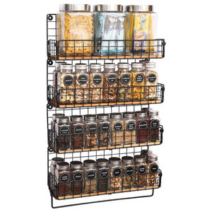Portaspezie a 4 Ripiani in Filo Metallico <span class=keywords><strong>Nero</strong></span> da Parete Pieghevole Organizzatore per Bottiglie di Condimenti con Appendiabiti - Product Image 1
