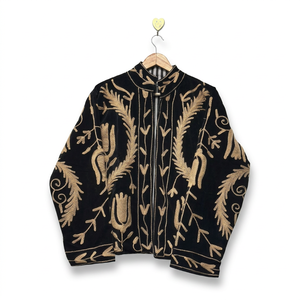 Black <b>Velvet</b> Embroidered Floral Print Blouson <b>Jacket</b> <b>for</b> <b>Women</b> Stand Collar Full Sleeve Zip-Up Spring/Summer Outerwear Bohemian - Product Image 2