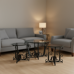 Modern <b>Black</b> 3-Piece Coffee Table Set Tempered Glass Metal <b>Frame</b> Living Room Furniture - Product Image 2