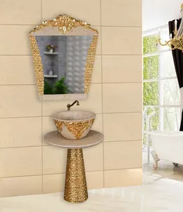 豪华西方浴室水槽基座水槽实心表面独立式带镜子盆