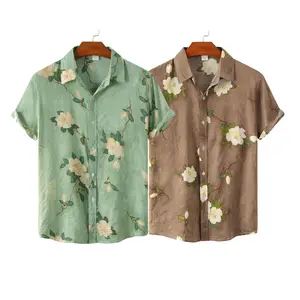 Camisa com lapela, blusa masculina de manga curta com botão para baixo, camisas havaianas de linho com estampa floral para homens