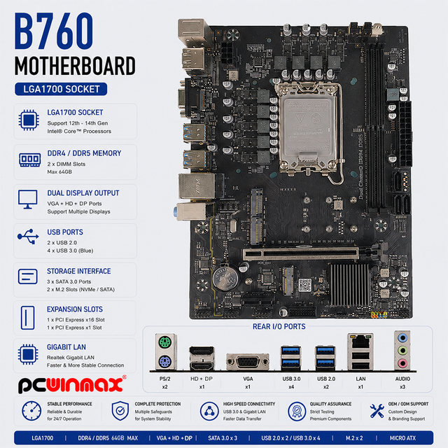PCWINMAX B760 LGA1700 DDR4/DDR5 Gaming Desktop Motherboard OEM Wholesale in Stock for 12th/13th/14th Gen PC Builds
