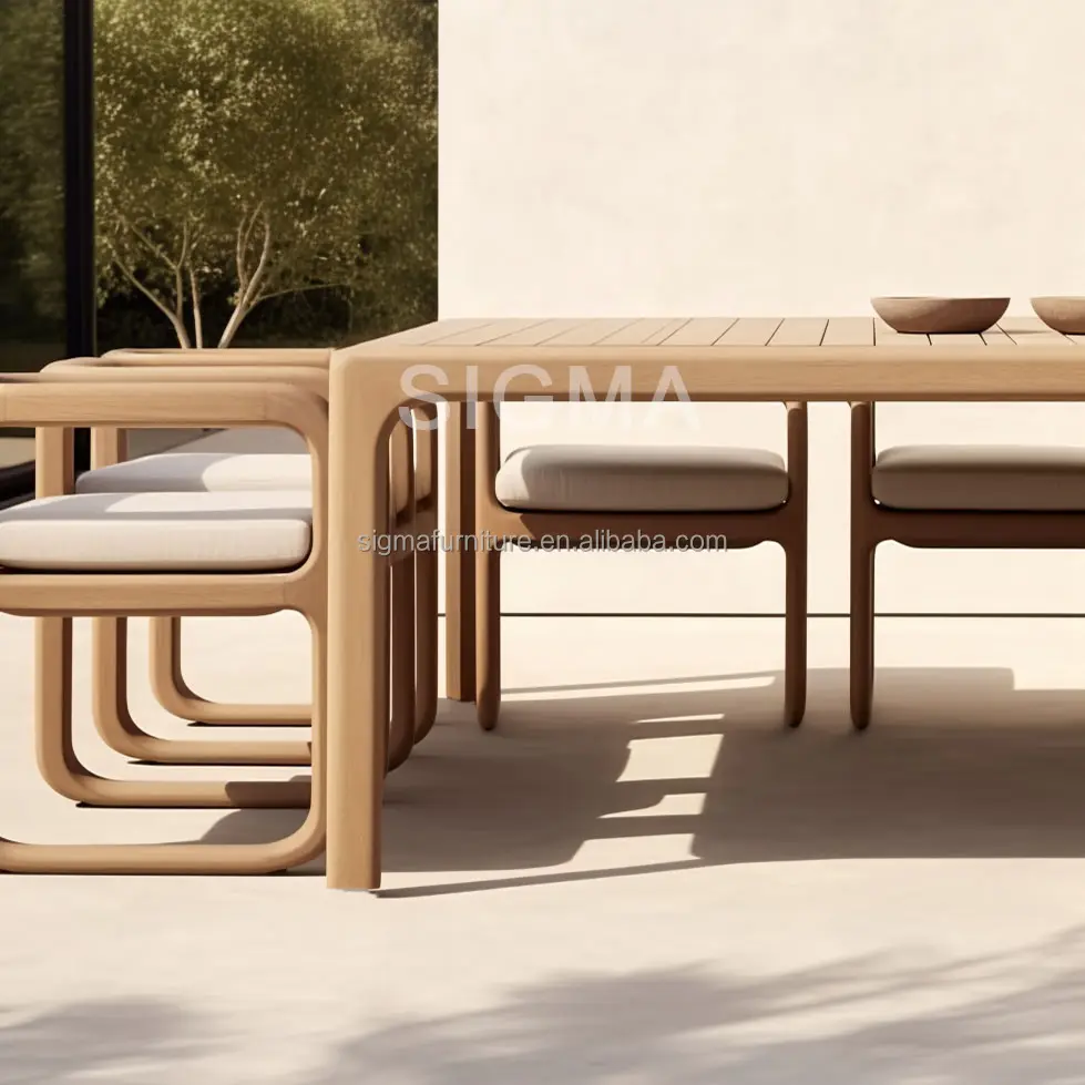 Juego de comedor de teca de lujo más popular, mesa rectangular de comedor de jardín al aire libre de madera