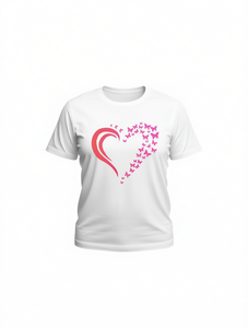 T-Shirt da Donna alla Moda con Collo Tondo, Manica Corta, Motivo a Cuore e Farfalla, Casual Primavera-Estate, 100% Cotone Jersey - Product Image 1