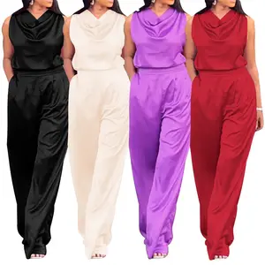 QuiteS Swing Neck Sleeveless Casual Summer Satin Long Pant Sets For Women 2024 Crop Shirt And Trousers 2 Piece Set