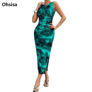 Ohsisa Factory Wholesale Colorful <strong>Print</strong> Women Summer Casual <strong>Dress</strong> Sleeveless Elegant Slit Slim <strong>Bodycon</strong> <strong>Dress</strong> - Product Image 1