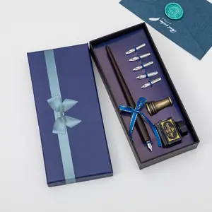 1 coffret de stylets de calligraphie Vintage, coffret cadeau en bois + 10 plumes + 4 couleurs d'encre + porte-stylo