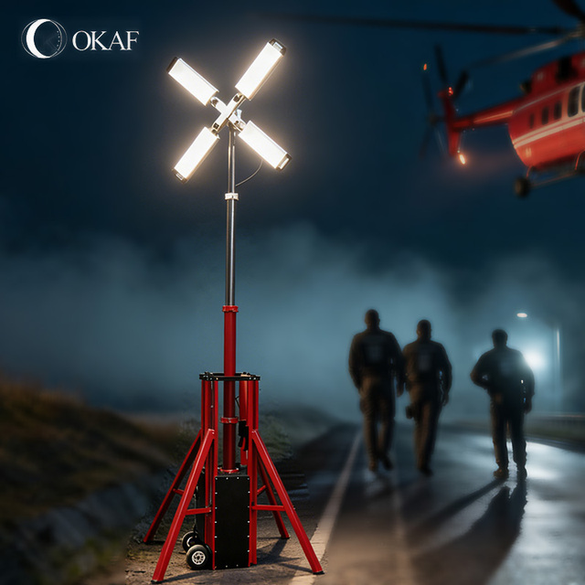OKAF 4*100w Height Adjustable Portable Telescopic LED Light Tower Hand Push Mobile Electric Tower Lighting