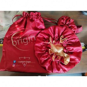 Custom Logo Hair Bonnet Digital Printing Drawstring Wig Bag Adjustabele Satin Bonnets and Elastic Band Set for Women Gift - Product Image 1