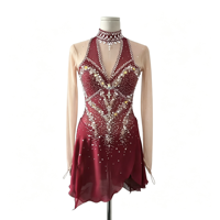 Robe de patinage artistique bordeaux à col halter et décolleté en V, ornée de strass faits à la main, dos ouvert, pour adultes et enfants