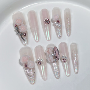 <span class=keywords><strong>Uñas</strong></span> <span class=keywords><strong>Postizas</strong></span> <span class=keywords><strong>de</strong></span> Lujo Hechas a Mano al por Mayor, Forma Cuadrada Larga, Diseño 3D con Flores Esculpidas en Seda, Estampado <span class=keywords><strong>de</strong></span> Cebra, Pedrería y Cruz Dorada - Product Image 5