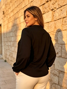 Chemisier ample à col en V et boutons pour femme grande taille, manches longues lanternes, ourlet fluide, décontracté, idéal pour le bureau, le quotidien, les trajets et les sorties - Product Image 3
