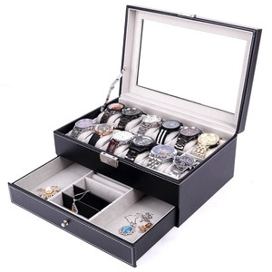 Boîte à montres et bijoux carrée à double couche, 12 compartiments, en cuir PU avec <span class=keywords><strong>ouverture</strong></span> transparente - Product Image 5