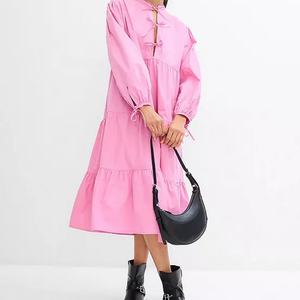 เดรสยาวสีพื้นทรงหลวมสไตล์ลำลองสำหรับฤดูร้อน ดีไซน์ระบายชั้นๆ ผ้าฝ้ายเนื้อนุ่ม แขนยาว กำลังเป็นที่นิยม - Product Image 2