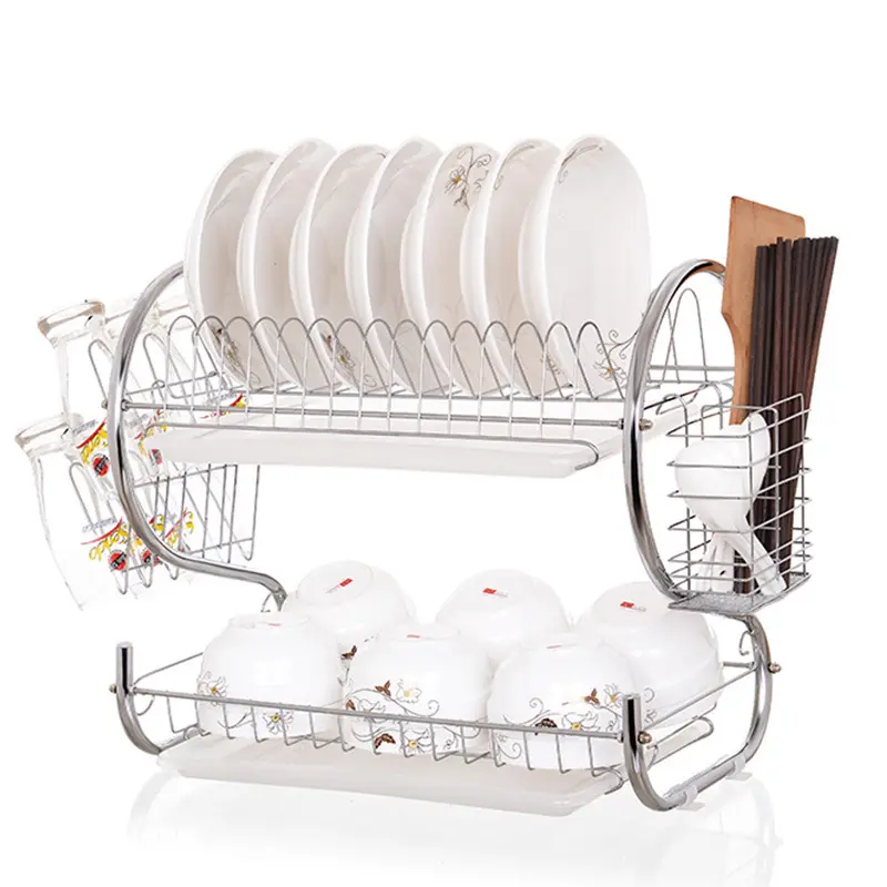 2023 Dish drying rack 2-tier S stainless steel kitchen dish drainer rack kitchen storage with drainboard cutlery cup drying rack