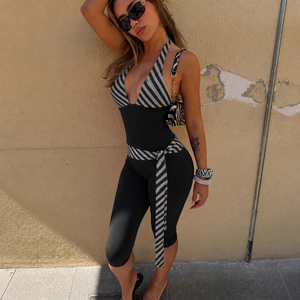 Streetwear Casual Striped Halter Neck Tie Back Jumpsuit Sexy Deep V-Neck Backless <b>Romper</b> <b>Women</b> Fashion Bodysuit - Product Image 2