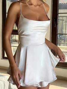 Satin soie femmes Sexy sans manches combinaison courte solide col bénitier automne croix cravate dos nu barboteuse été combishort robe - Product Image 4