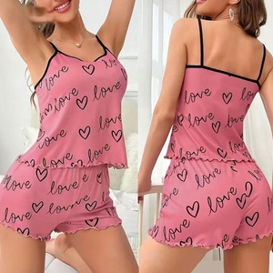 Dolce stile di vendita caldo da donna con stampa a cuore morbido senza maniche e pantaloncini due pezzi Set <span class=keywords><strong>pigiama</strong></span> da donna - Product Image 1