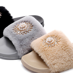 Pantoufles d'intérieur personnalisées OEM pour femmes, en fourrure douce, à bout ouvert, avec ornements en strass, perles et motif soleil - Product Image 4