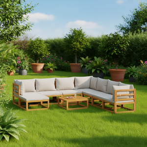 Ensemble de salon de jardin gris clair en teck, 6 places, mobilier d'extérieur au design contemporain - Product Image 2