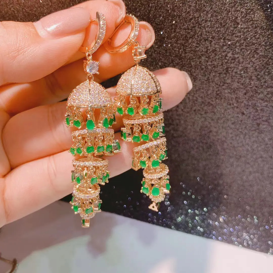 Luxury Bridal Jewelry Inlaid Zircon Bell Beads Tassel Jhumka Earrings Full Crystal Indian Jhumka Bells Drop Dangle Earrings