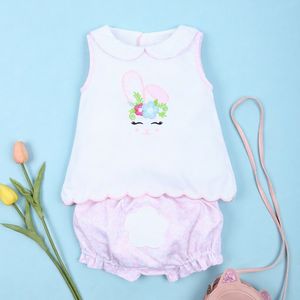 Hanoi Bunny Flower Appliqued <b>2</b>-<b>Piece</b> <b>Set</b> Customized Handmade Embroidery Girls Clothing Animal 100% Cotton Luxury Pink <b>White</b> - Product Image 1