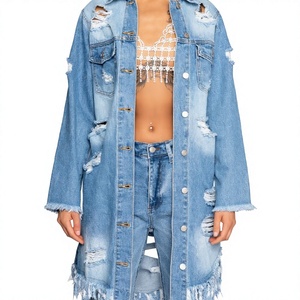 Abrigo vaquero vintage para mujer con espalda recortada, manga larga, abotonadura sencilla y bajo asimétrico, estilo 2026, chaqueta de mezclilla de moda - Product Image 1