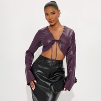 Q26TP233 Veste Courte en Cuir Ajustée à Manches Longues, Col en V Profond, Couleur Unie, Sexy et Chic, Amincissante, Collection Automne