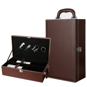 Modern PU Leather Top Handle Wine Box For 2 Standard Wine Bottle With 4 Piece Accessory Custom Wine Boxes