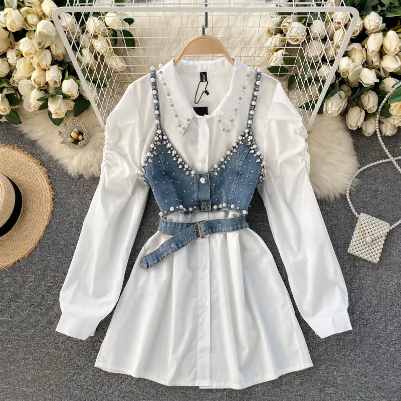 High Quality Spring 2022 New Two-Piece Set Top Pearl Beaded Denim Camisole Vest Long Sleeve Blouse Fashion Women's Shirts