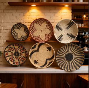 <strong>Boho</strong> Style Handmade Woven <strong>Wall</strong> <strong>Hanging</strong> Baskets Round Africa Style Abstract Pattern Plate <strong>Wall</strong> Art for Home Decor Restaurant Use - Product Image 1