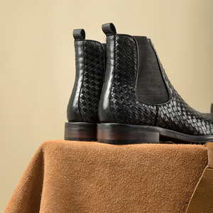 Bottines Chelsea noires printemps/hiver, motif tissé de haute qualité, cuir véritable, à enfiler, élégantes, bottines de luxe pour hommes - Product Image 4