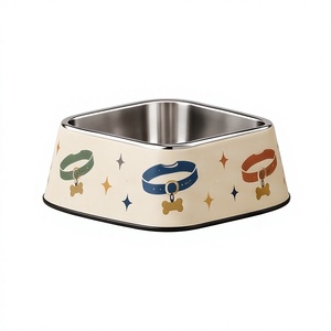 Durable Cream Enamel Pet Food Bowl <b>Collar</b> Print Square Stainless Steel <b>Dog</b> Cat Feeding Dish Non <b>Slip</b> Rubber Base OEM Pet Feeder - Product Image 1