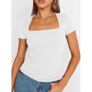 Haut à col carré pour femmes, manches courtes, coupe ajustée, vêtements d'été doux - Product Image 2