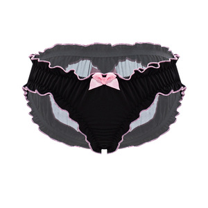 ชุดชั้นในซีทรูตาข่ายสีมิดไนท์สำหรับผู้หญิง กางเกงในลูกไม้แบบเว้า แต่งระบายสีสันตัดกัน ประดับโบว์ - Product Image 5