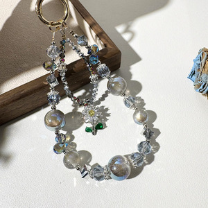 Wholesale Cute Korean Style Blue-Grey Rotatable Flower Beaded Synthetic Crystal Bag Charm Bag Pendant Phone Chain Keychain