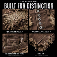 Jean en denim marron délavé personnalisé 420 g/m² avec panneaux effilochés, doublure en sergé pâle, fermeture boutonnée, rivets, pantalon en denim streetwear OEM ODM