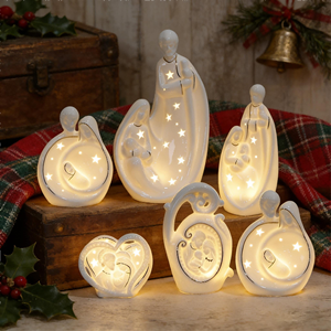 Ceramic Star-Accent Holy Family Light-Up Decor <strong>Set</strong> (Curved Silhouette Design) - Christmas Shelf &amp; Table Accent - Product Image 1