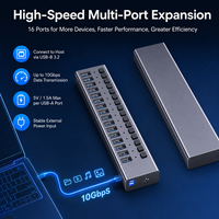 16 Portlu Güçlendirilmiş USB 3.2 Gen2 Hub, 10Gbps, 16x USB-A, Ayrı Ayrı Anahtarlı, Alüminyum Çoklu Portlu Hub